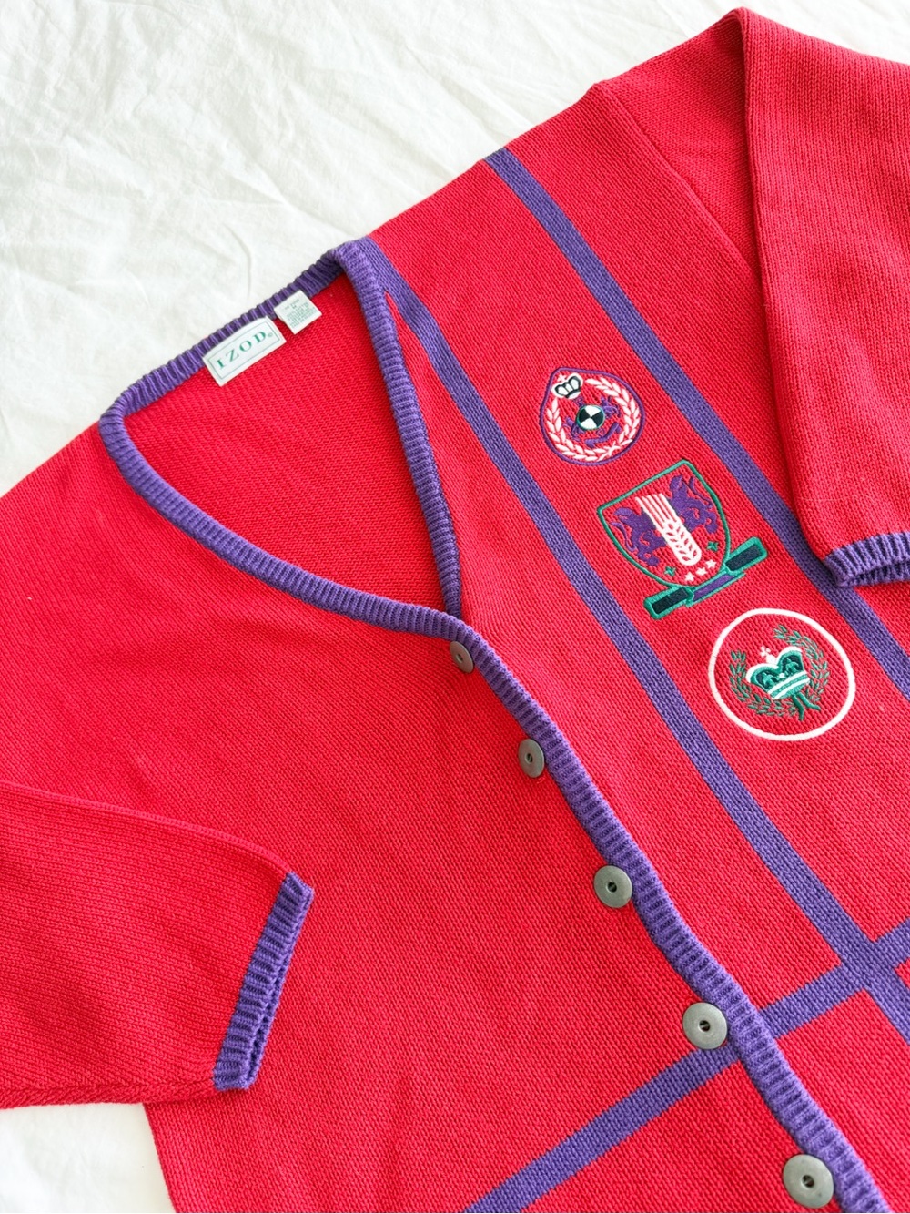 Vintage IZOD Red & Purple Embroidered V-Neck Cardigan Sweater